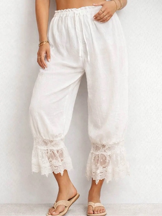 Boutique Pants - Women's White Lace-Trim Bloomers White Cotton Blend Size Small